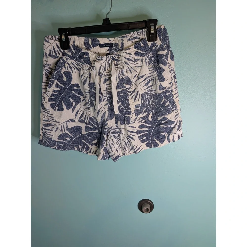 Nautica Mens Blue White Tropical Palm Leaf Linen Blend‎ Drawstring Shorts Size M